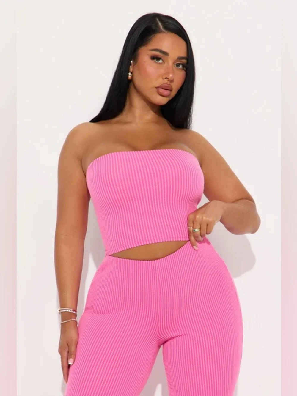 Fashion Nova Hot Pink Ribbed Bandeau & Track Pants Set